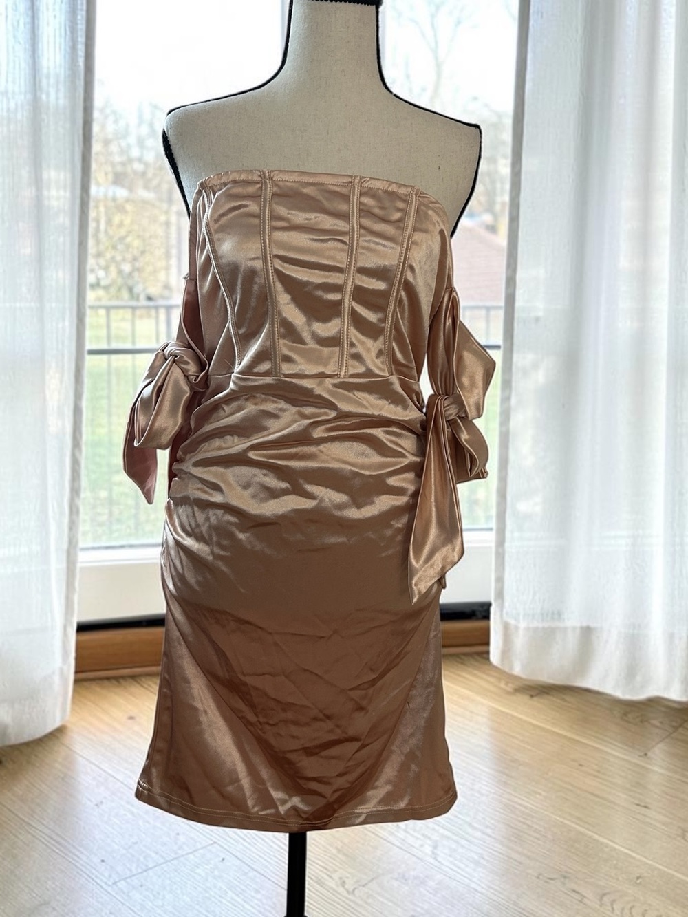 NIP Champagne Gold Tie Sleeve Ruched Mini Dress Size Large (8-10) Corset Like